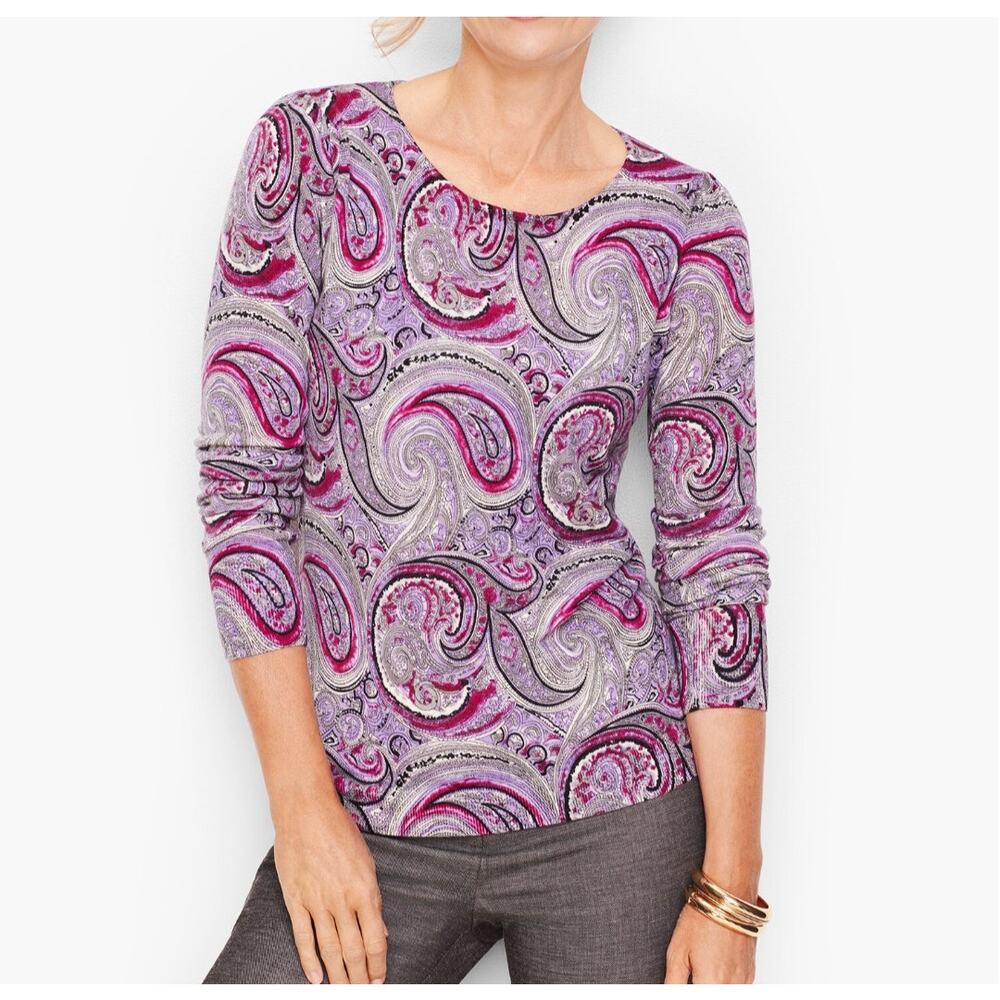 Talbots Merino Wool Gathered Shoulder Paisley Sweater Top size 2XP purple office